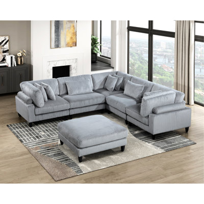6 Modular Gray Corduroy Sectional Living Room - 3 Corner Seats, 2 Armless Chairs, 1 , 8 Pillows Included Upholstered 6pc 40" X Seat Sizes