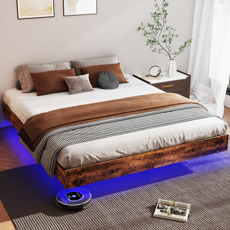 Floating Bed Frame with LED Lights Metal Slats Underbed Storage Space No Box Spring