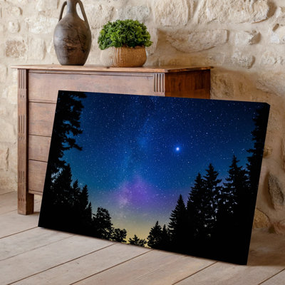 Toile, un ciel nocturne serein rempli d'innombrables étoiles scintillantes, art mural encadré par les silhouettes de grands arbres de chaque côté