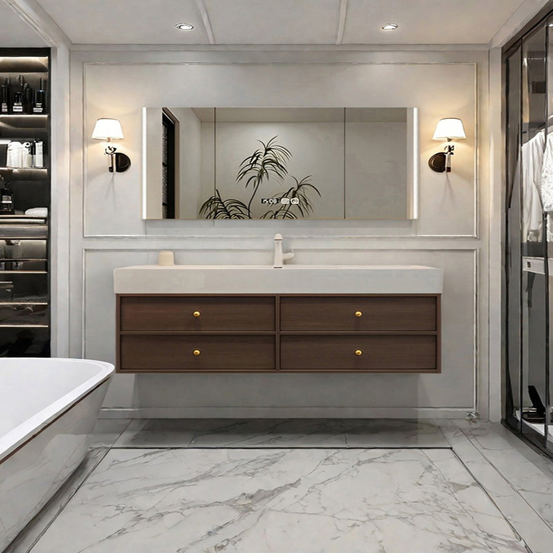 Middle ancient style intelligent bathroom cabinet, H 21,65 po x l 66,92 po x P 21,65 po, Noyer