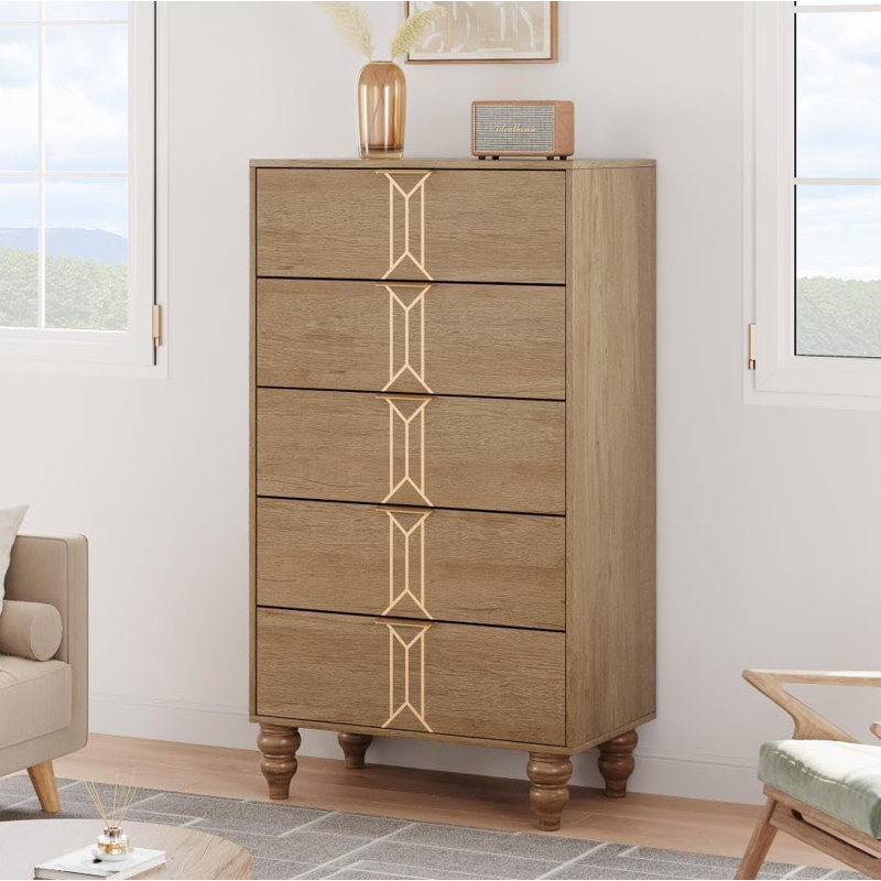 Commode haute 5 tiroirs moderne en bois avec tiroirs profonds, Brun