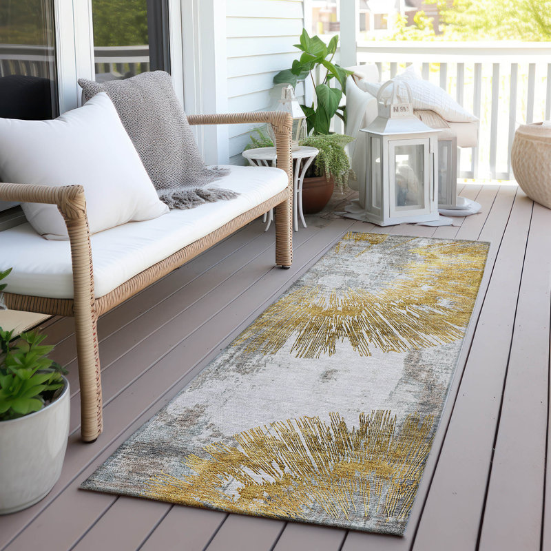 Tapis doré intérieur / extérieur lavable à la machine Mahaney ACN773, Tapis de couloir 2 pi 3 po x 7 pi 6 po
