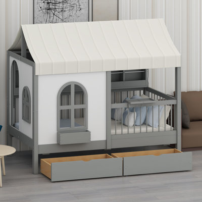 Kids House Bed Frame with Large Drawers, Side Shelf, and LED Strip