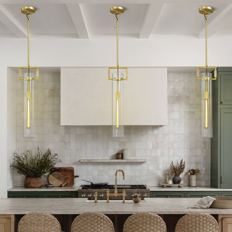 Luminaire suspendu à 1 lumière pour îlot de cuisine avec verre cylindrique transparent, Laiton, Paquet de 1