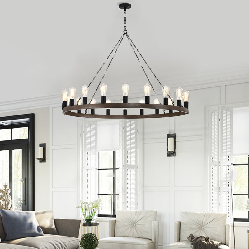 Godalming 20-light Antique Black And Faux Wood Metal Round Chandelier