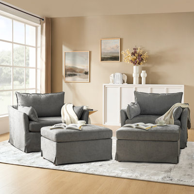 Cario 45"W Farmhouse Oversized Slipcovered Armchair With Ottoman and Casters