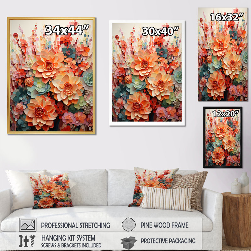 «Ingleview Orange Pink Succulents Flowers I», reproduction sur toile, H 20 po x l 12 po x P 1 po, Cadre doré simple