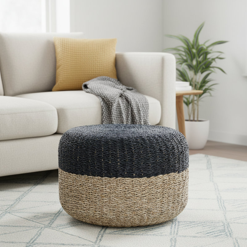  Chula 18" Seagrass Round Pouf Ottoman, Duo Low Round Side Table, Boho Nightstand, Black/Brown