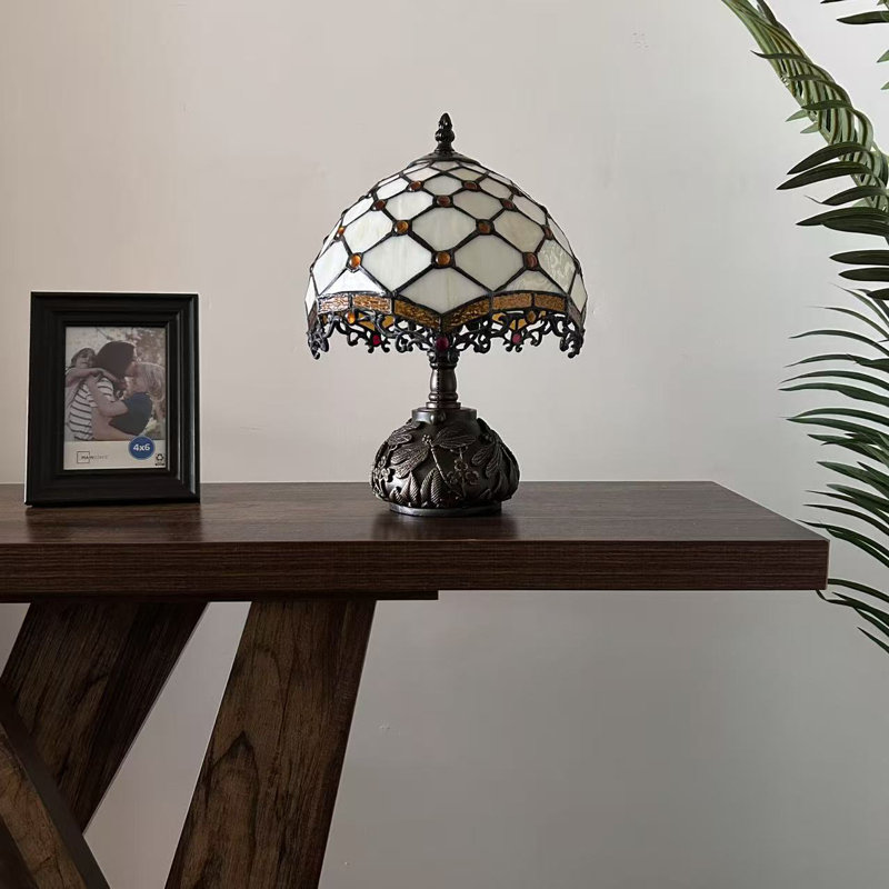 Larentius Tiffany Table Lamp Beige Stained Glass Crystal Beans LED Bulb Dragonfly Base 10"W*10"D*14"H*