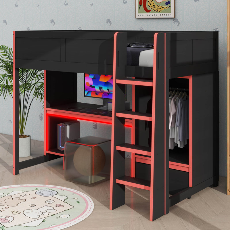 Wooden  twin Size  Gaming Loft Bed With An Integrated Built-In Work Area