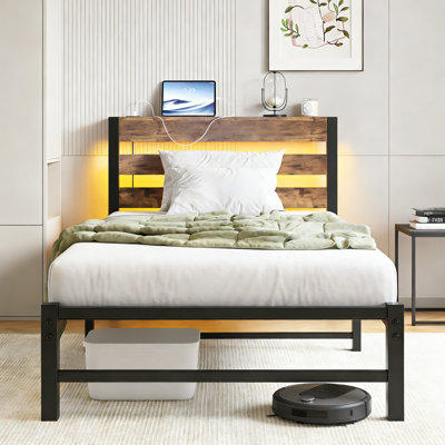 Twin Heavy Duty Platform Bed With Headboard & USB Charging Station