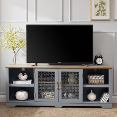 Meuble télé Modern Farmhouse, grande console de divertissement à domicile pour téléviseur de 80 po ou moins, avec tablettes ouvertes et portes vitrées, finition bleu clair et chêne clair, largeur de 70 po