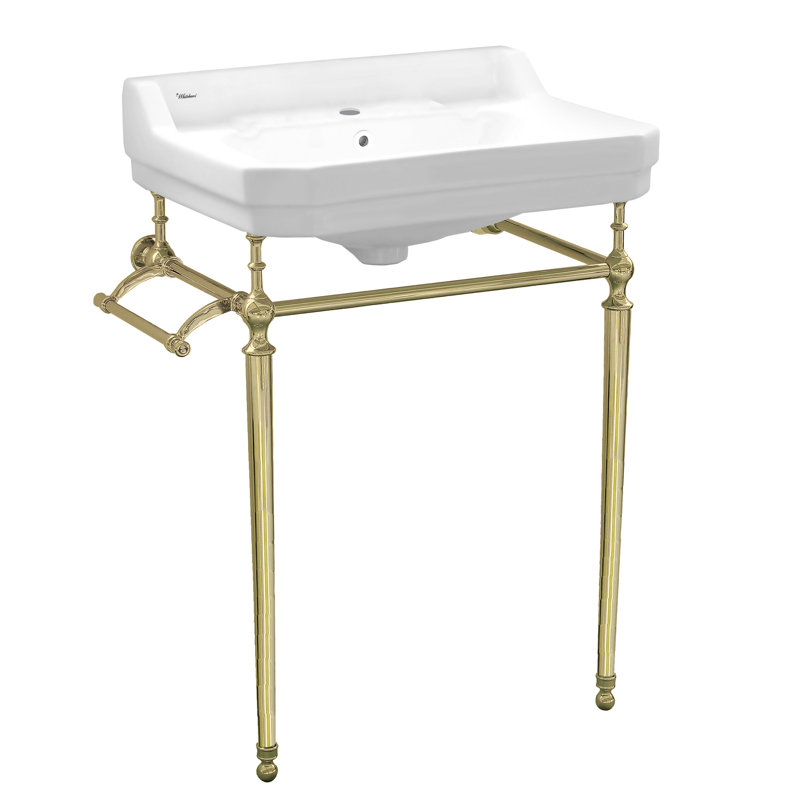 Whitehaus 24" Console with Integrated Rectangular Bowl, Brass Leg Support and Side Towel Bar, Single, White/Polished Brass
