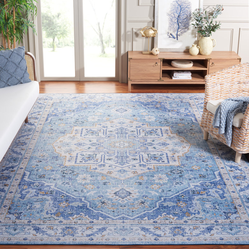 Sandin Oriental Machine Washable Non-Slip Area Rug In Blue, Rectangle 244 x 305cm