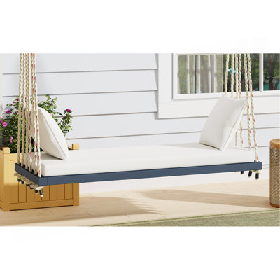 Patio Wooden Swing Chair, Hanging Porch Swing Bench With Cushion&Pillows, 10.8Ft Hemp Ropes For Garden,Backyard, Lawn,Black