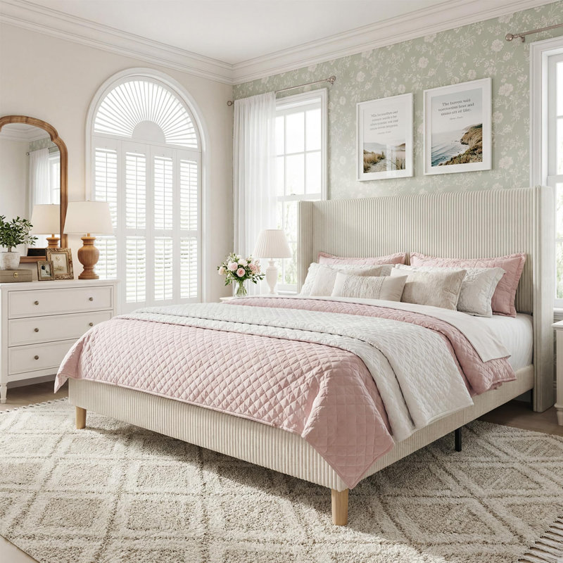 Corduroy Upholstered Bed Frame With Tall Headboard, Wingback Platform Bed, King, White