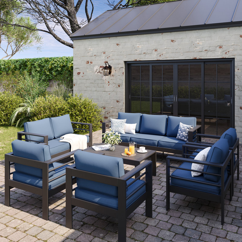 Braecona 9-Person Outdoor Seating Set With Cushions, Dark Gray Frame/Blue Cushion