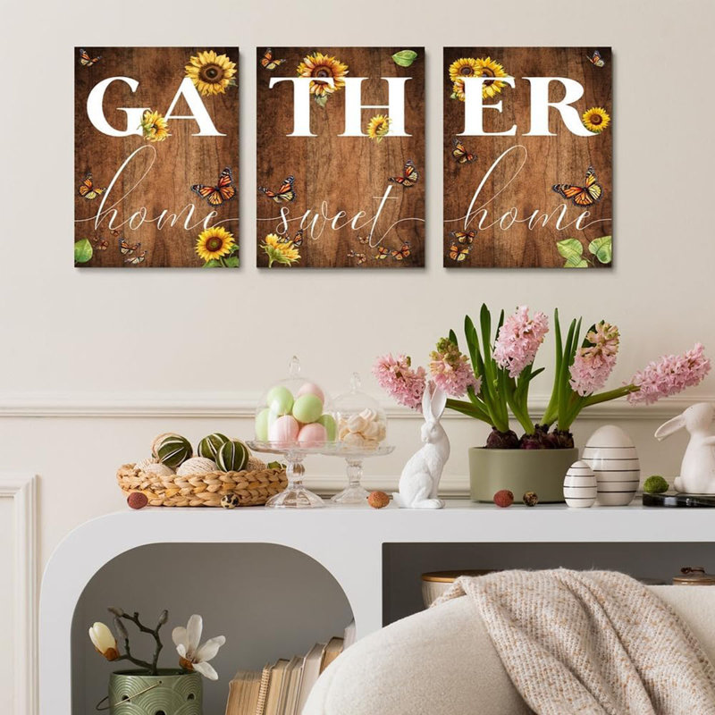 Rustic Farmhouse Dining Room Decor Cute Gather Signs, Home Wall Decor - 'Home Sweet Home' Sunflower Butterfly 12"X16"