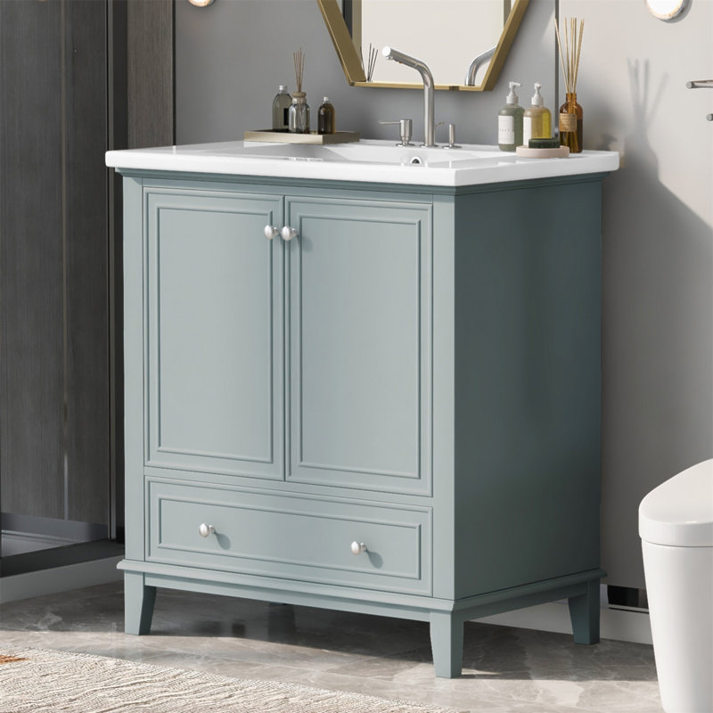 Ensemble de meuble-lavabo 30 po avec lavabo, armoire de salle de bain multifonctionnelle avec portes et tiroir, structure solide et panneau de fibres à densité moyenne (ancien numéro de référence: 9999606AAC)