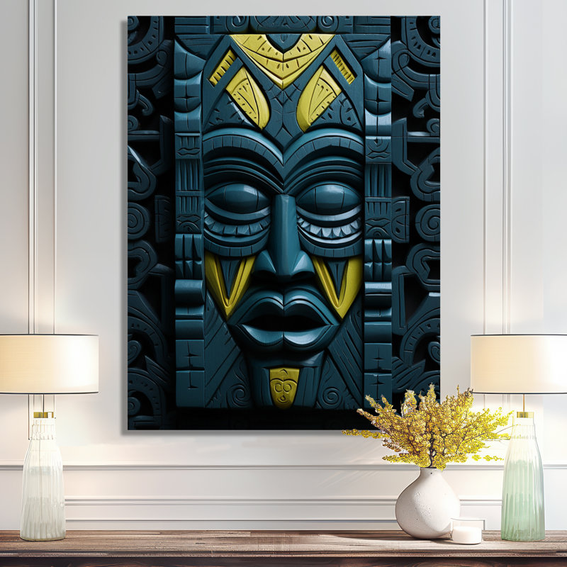 Indigène tribal masque jaune rouge - Masque africain, impression d'art mural, Toile avec cadre flottant noir