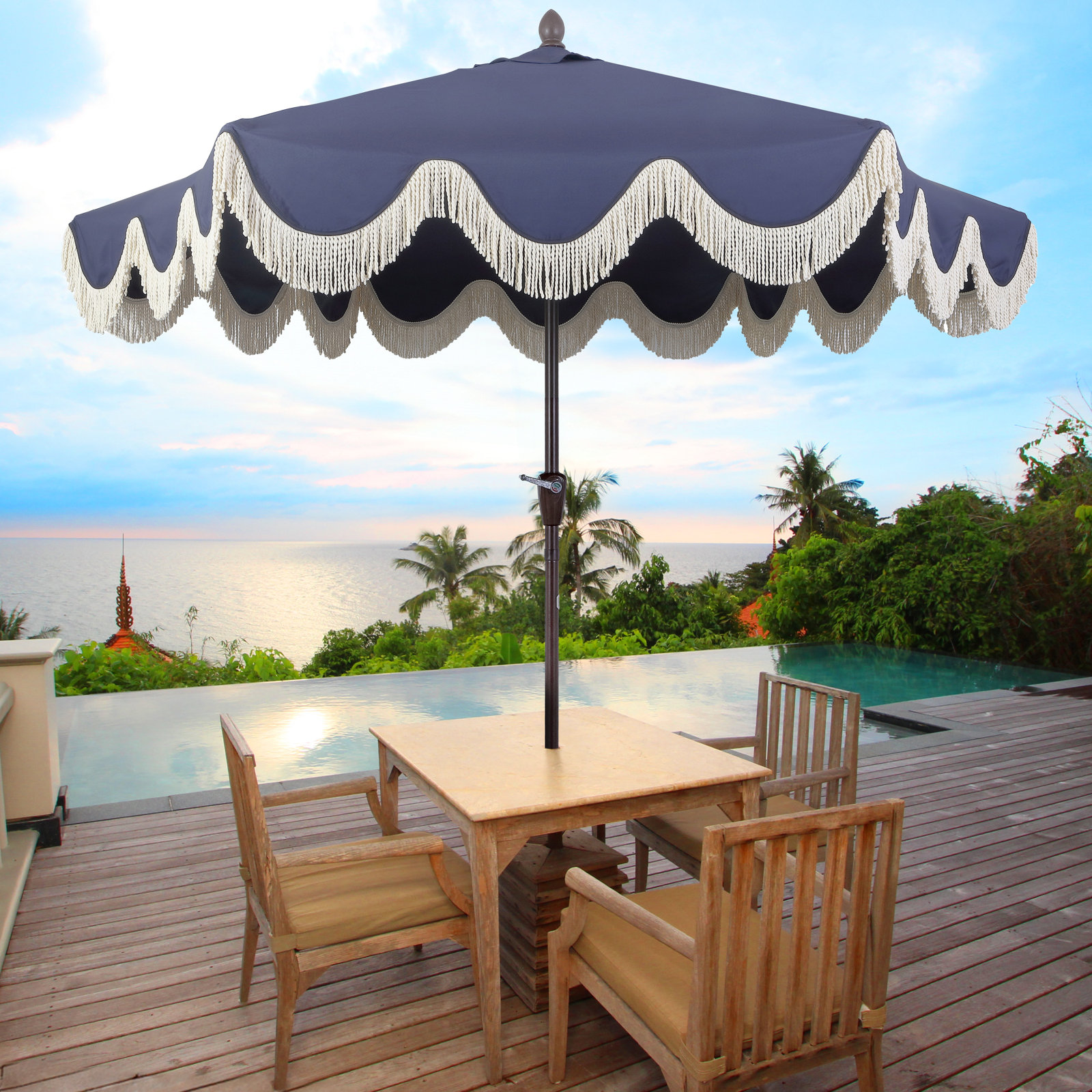 Teretha 9' Market Umbrella, Navy/White, Dark Brown