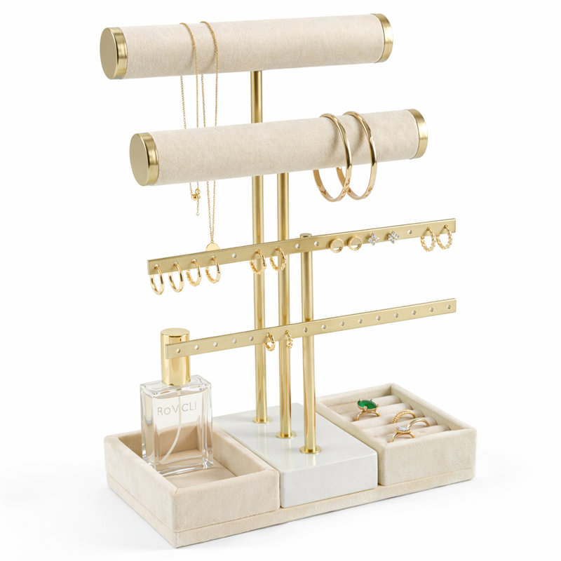 Support à bijoux à 3 niveaux avec support à boucles d'oreille beige, Beige