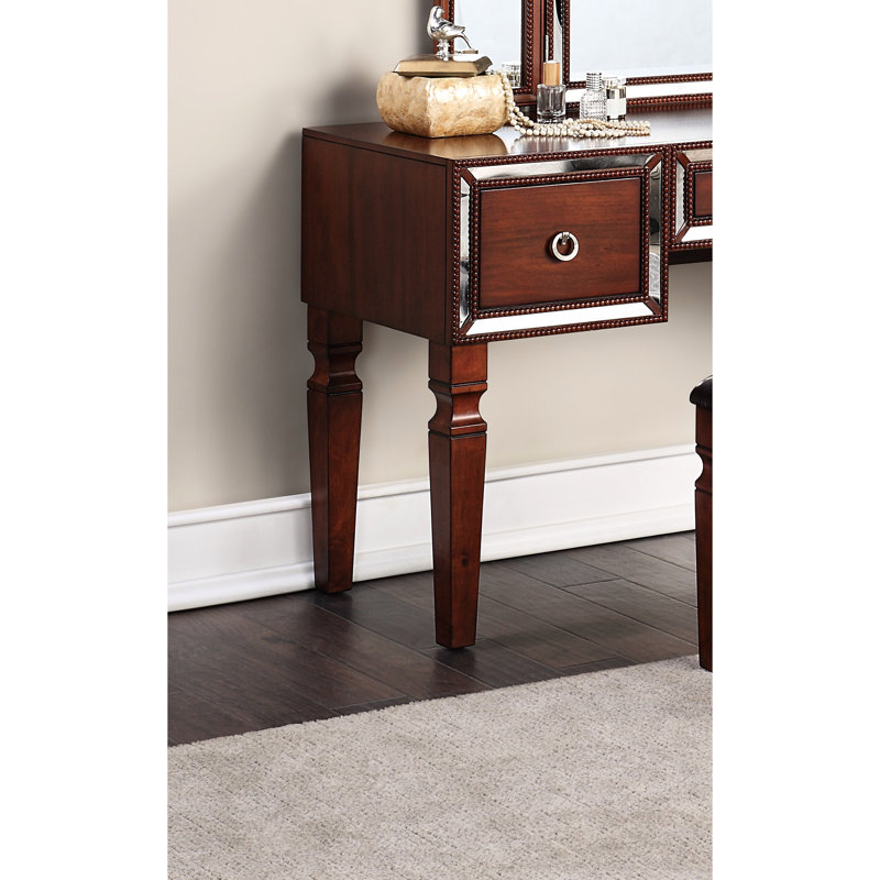 Meuble-lavabo traditionnel en cerisier avec tabouret, 3 tiroirs de rangement et miroir réfléchissant de luxe