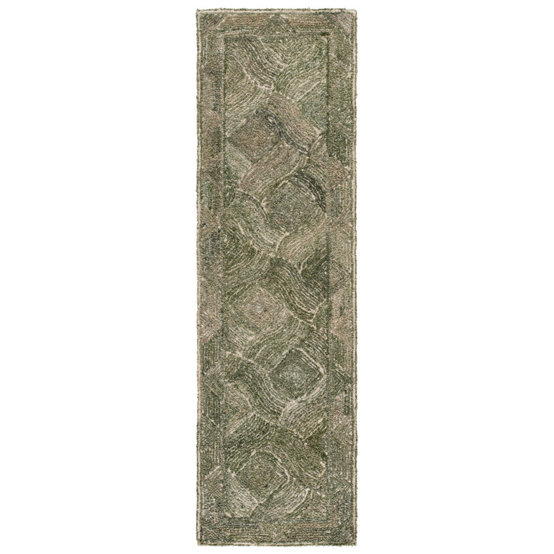 Marquee 513 Hand Tufted Wool; Pet; Cotton Geometric Rug in Green/Ivory, Runner 2'3" x 8'
