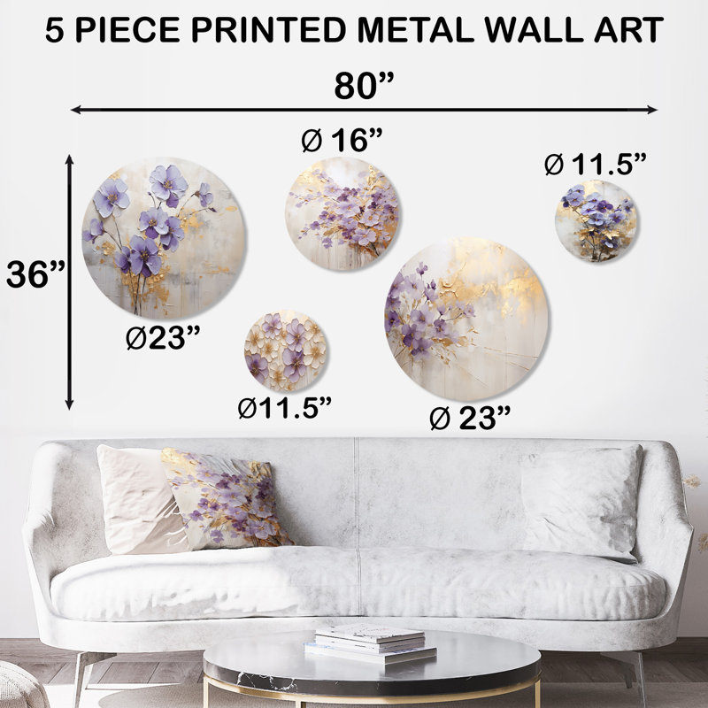 Ensemble d'art mural en métal mauve et violet «Meadow I» - violettes et or 5 pièces