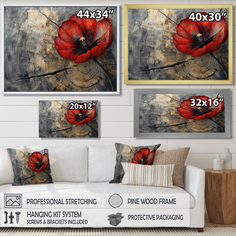 «Jacent Abstract Vivid Tulips Wood Slide - Tulips», art mural, H 24 po x l 32 po, Reproduction encadrée d'une seule photo