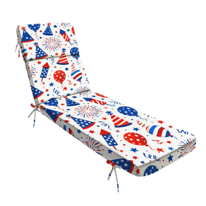  Outdoor Indoor 3'' Lounge Patio Cushion Red White Blue Patriotic Celebration Fireworks Balloons Party Hats Water-Resistant Chaise Lounge Cushion for Chair Patio Furniture Seat Cushion