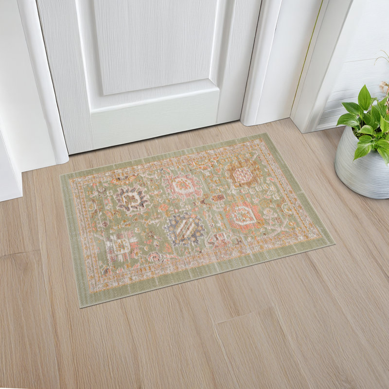 Tapis oriental traditionnel en polyester sauge Alyssa, 2 pi x 3 pi, Rectangulaire 2 pi x 3 pi