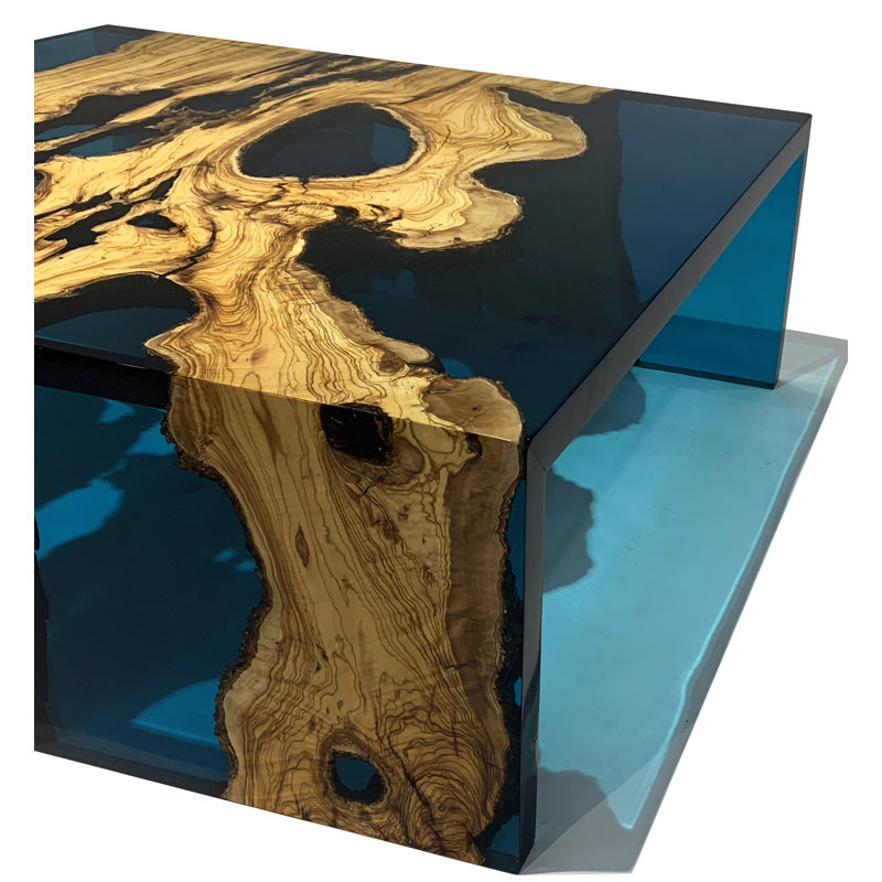 Single Coffee Table, 13.7'' H x 39.4" L x 39.4" W, Blue/Natural Wood