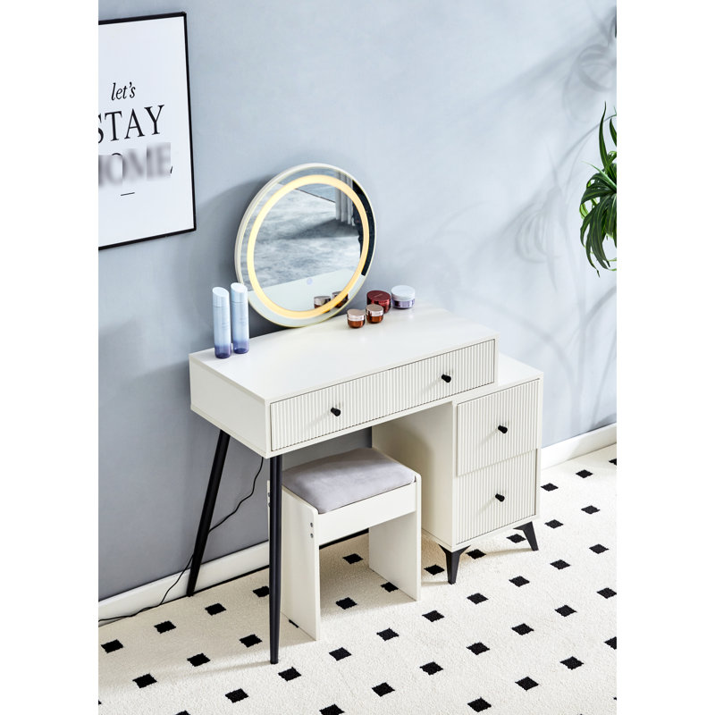 Bureau de toilette cannelé avec finition blanc laiteux, lumières à DEL et miroir, 4 tiroirs, tablettes réglables, table ronde à lumières intrigantes, blanc, tablette