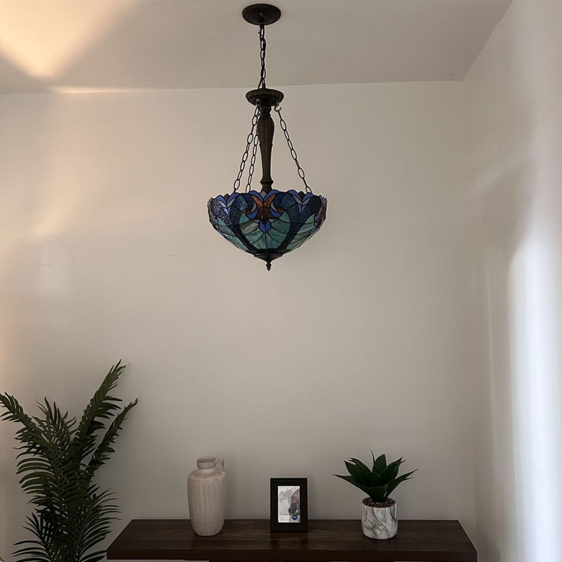 Bronze Bowl Pendant Light with Blue and Green Stained Glass Shade