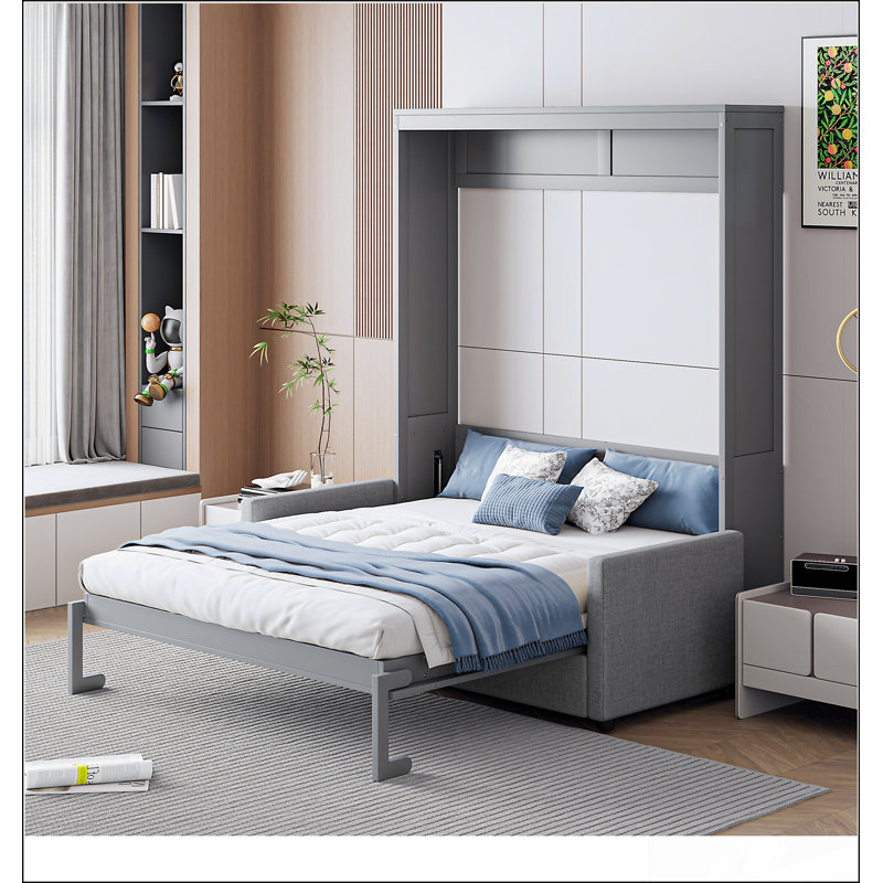 Lit escamotable double pleine grandeur avec coussin, gris, Gris, Double