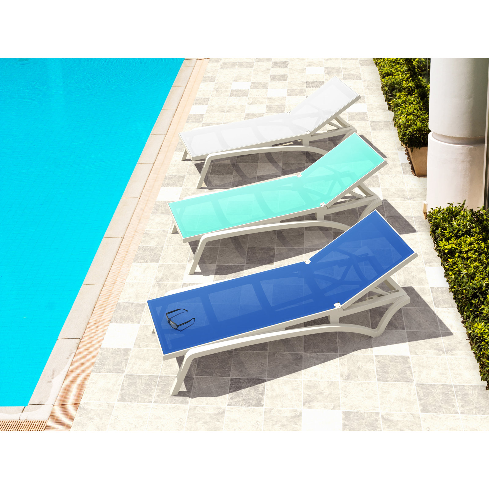 76" Long Reclining Single Chaise, White/Blue