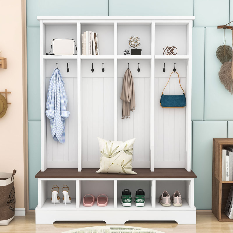 3-in-1 Rustic Wooden Hall Tree with Bench, Storage Compartments and Vintage Hooks for Entryway, White