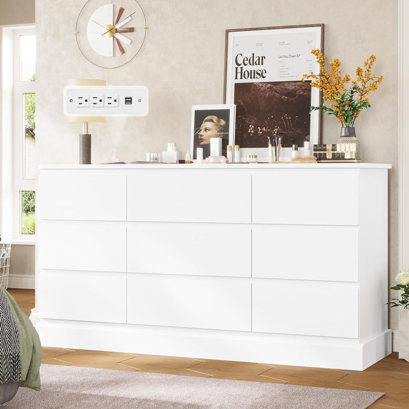 Commode de chambre moderne avec 9 tiroirs, commode avec rangement de grande capacité, commode longue, Blanc