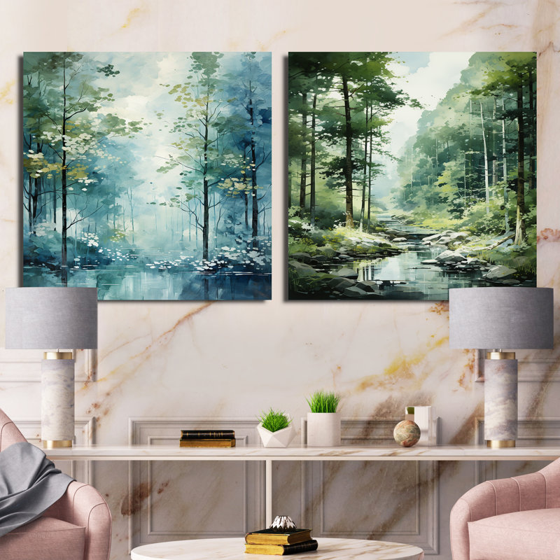 Tranquil Shadows Green Forest - ensemble de 2 carrés de forêt, H 16 po x l 33 po, Toile tendue