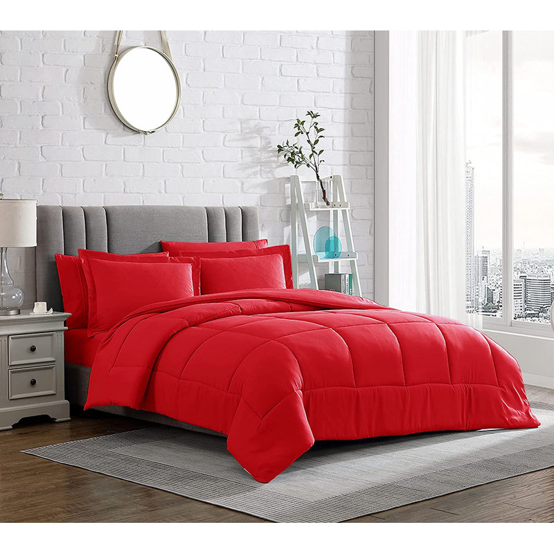 Box Stitch Comforter, Twin Comforter + 1 Standard Sham, Red