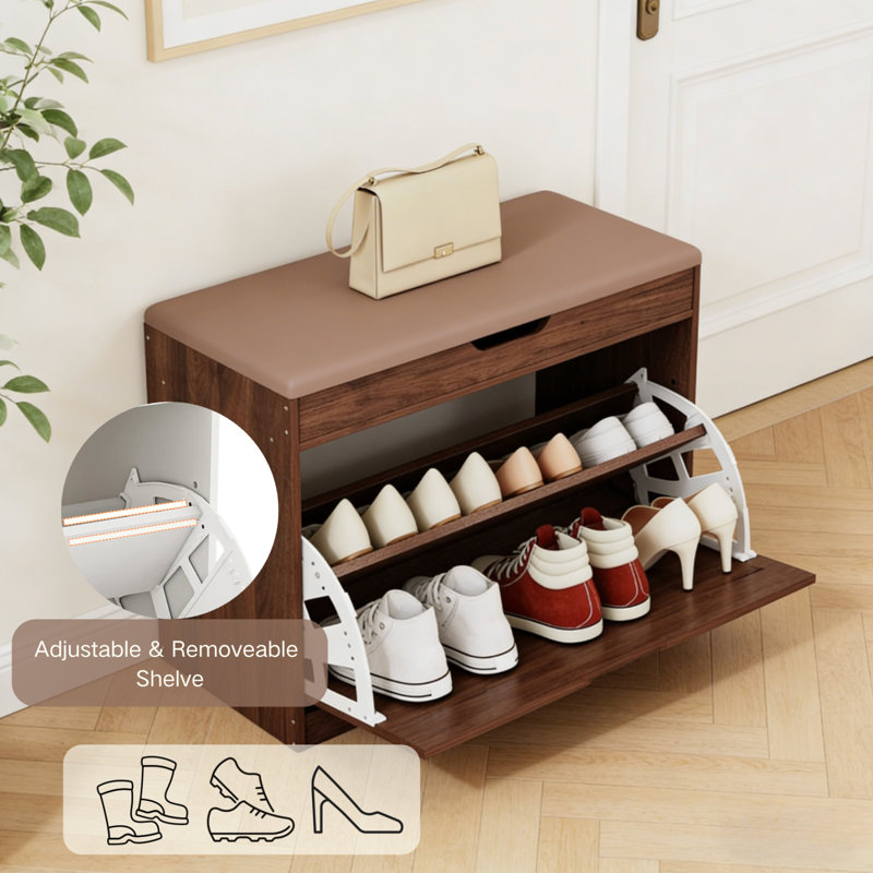  27.5"W Shoe Storage Bench with Cushion, Flip-Top Storage, Entryway Brown Shoe Rack, Brown