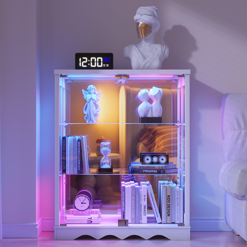 3-Tier Display Cabinet with Human Body Sensor RGB Lights, White