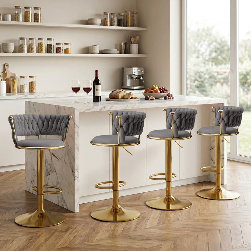 Ensemble de 4 tabourets de bar rotatifs en velours, hauteur réglable avec base en métal doré pour îlot de cuisine, gris, Gris