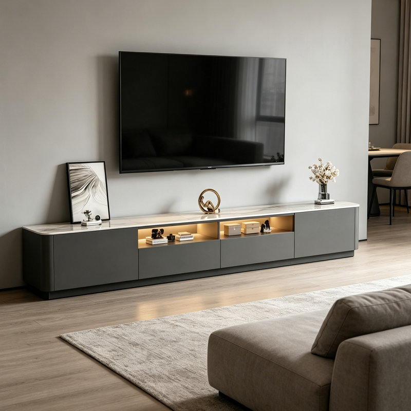 Meuble télé Minimalist, H 13,38 po x L 78,74 po x l 11,81 po, Gris / noir / blanc