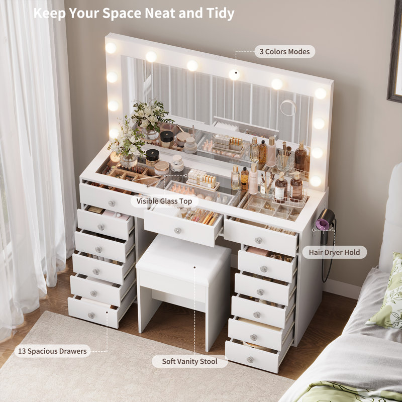 13 Drawers Vanity Desk, Makeup Vanity With Power Outlet, Vanity Table With Mirror And 12 LED Bulbs, 3 Lighting Modes, Glass Top Dressing Table With Chair