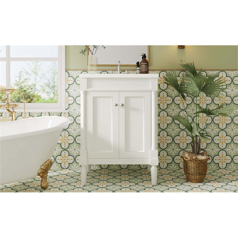 Meuble-lavabo moderne de 24 pouces avec lavabo supérieur et grandes tablettes de rangement, pour les petits espaces et une organisation efficace