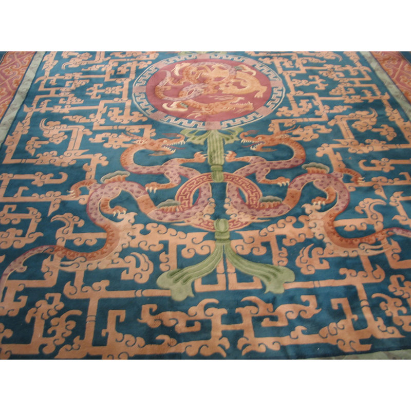 Antique Elaborate Chinese Dragon Design Room Size Art Deco Carpet