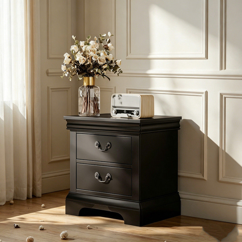 Table de chevet classique en bois 2 tiroirs 22 po x 16 po x 22,7 po, Noir