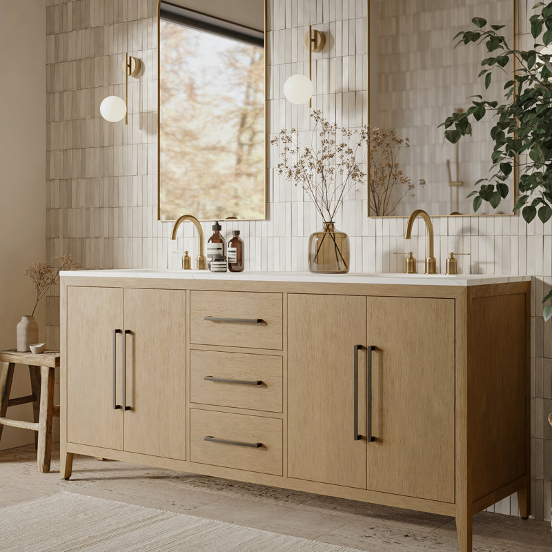 Meuble-lavabo double 72 po avec plateau en quartz Alsup, Chêne brossé à la brosse métallique